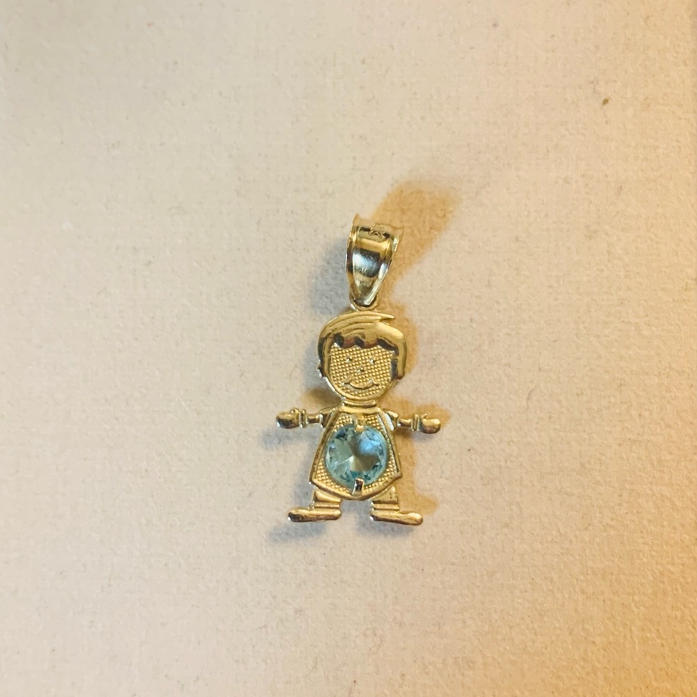 Solid 14k Yellow Gold Little Boy Pendant Charm March Aquamarine Birthstone